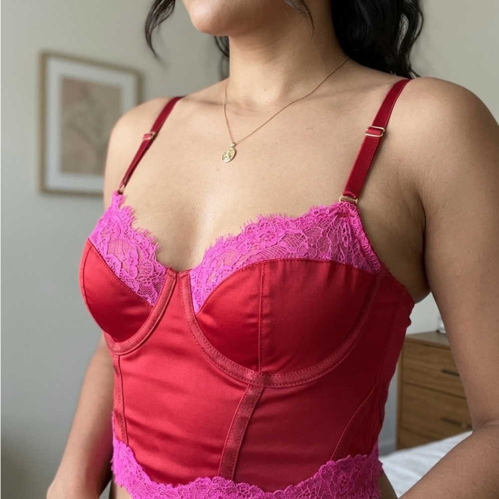 Auden Intimates Red & Pink Lace Longline Corset Bra Bralette